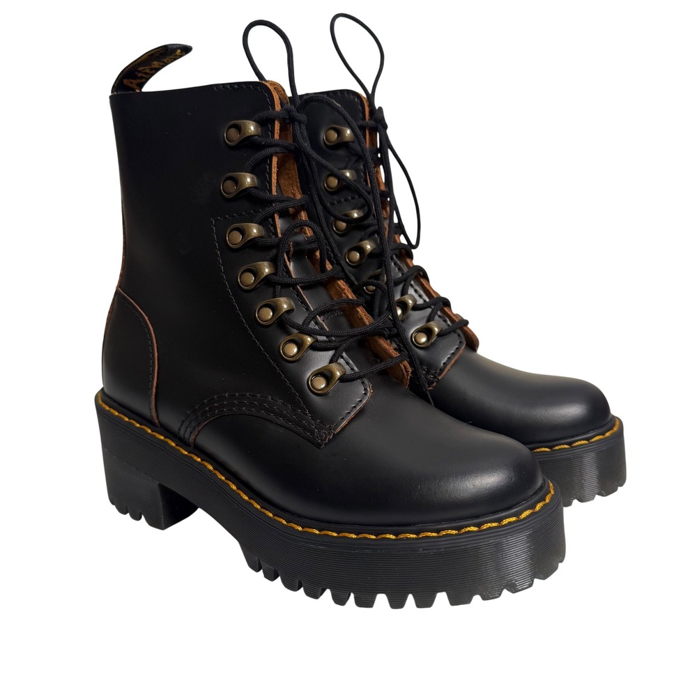 Dr. Martens Leona Platform Heeled Combat Boots Women 5 Black Leather Grunge Goth